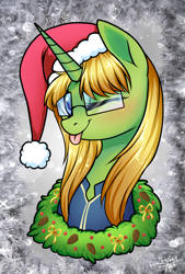 Size: 1390x2056 | Tagged: safe, artist:megabait, imported from derpibooru, oc, oc:mysti tesla, pony, unicorn, bust, christmas, fallout, glasses, hat, holiday, one eye closed, portrait, santa hat, tongue out, wink