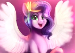 Size: 1680x1196 | Tagged: safe, artist:demonichybrid01, imported from derpibooru, pipp petals, pegasus, pony, adorapipp, cute, female, g5, gradient background, happy, headband, looking at you, mare, open mouth, open smile, raised hoof, smiling, solo, spread wings, wings