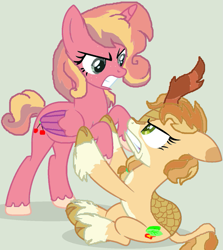 Size: 939x1055 | Tagged: safe, artist:mosotokyo88, imported from derpibooru, oc, unnamed oc, alicorn, hybrid, kirin, pony, angry, cousins, fight, interspecies offspring, magical lesbian spawn, offspring, parent:applejack, parent:autumn blaze, parent:big macintosh, parent:princess cadance, parents:autumnjack, parents:cadmac