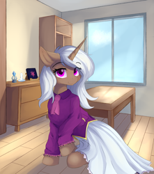 Size: 1060x1200 | Tagged: safe, artist:lunar froxy, imported from derpibooru, oc, oc only, pony, unicorn, book, clothes, dress, ear fluff, eye, eyes, female, floating eyebrows, hooves, horn, looking at you, mane, mare, room, sitting, smiling, solo, table, unicorn oc, window, wooden floor