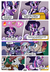 Size: 2100x3000 | Tagged: safe, artist:loryska, imported from derpibooru, trixie, twilight sparkle, oc, oc:clarabelle, oc:conundrum solar flare, oc:niko, oc:plumeria, alicorn, hybrid, pony, zony, comic:friendship grows, hat, high res, magic, magical lesbian spawn, offspring, parent:derpy hooves, parent:doctor whooves, parent:quibble pants, parent:rainbow dash, parents:doctorderpy, parents:quibbledash, twilight sparkle (alicorn), witch hat