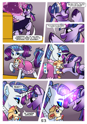 Size: 2100x3000 | Tagged: safe, artist:loryska, imported from derpibooru, rarity, twilight sparkle, oc, oc:autumn glory, alicorn, pony, comic:friendship grows, baby, baby carrier, baby pony, high res, horn, horns are touching, leonine tail, magic, magical lesbian spawn, offspring, parent:applejack, parent:rarity, parents:rarijack, tongue out, twilight sparkle (alicorn)