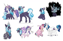 Size: 1280x844 | Tagged: safe, artist:glorymoon, imported from derpibooru, princess cadance, princess flurry heart, shining armor, oc, oc:cosmic nova, alicorn, earth pony, pony, bread, crown, curved horn, facial hair, female, food, horn, jewelry, leonine tail, male, mare, offspring, older, parent:princess cadance, parent:shining armor, parents:shiningcadance, regalia, shiningcadance, shipping, stallion, straight, unshorn fetlocks