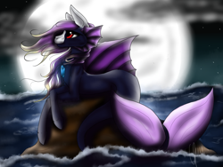 Size: 1400x1050 | Tagged: safe, artist:silentshadowwolf1998, imported from derpibooru, oc, oc only, hybrid, merpony, seapony (g4), cloud, deviantart watermark, dorsal fin, eyelashes, fish tail, moon, moonlight, obtrusive watermark, ocean, red eyes, rock, signature, sky, solo, stars, tail, water, watermark