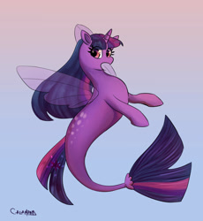 Size: 1191x1293 | Tagged: safe, artist:calamitygavel, imported from derpibooru, twilight sparkle, alicorn, pony, seapony (g4), clothes, dorsal fin, female, fin wings, fish tail, flowing mane, horn, looking at you, open mouth, seaponified, seapony twilight, see-through, simple background, solo, species swap, tail, twilight sparkle (alicorn), wings