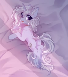 Size: 1500x1700 | Tagged: safe, artist:vird-gi, artist:whiteliar, imported from derpibooru, oc, oc only, oc:eula phi, pony, unicorn, bed, butt fluff, cheek fluff, chest fluff, choker, cute, cute little fangs, ear fluff, fangs, fluffy, looking at you, looking back, looking back at you, lying down, open mouth, underhoof
