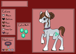 Size: 2098x1500 | Tagged: safe, artist:misskanabelle, imported from derpibooru, oc, oc only, oc:silversqueak, earth pony, pony, abstract background, collar, earth pony oc, female, heart, mare, raised hoof, reference sheet, signature, solo, unshorn fetlocks