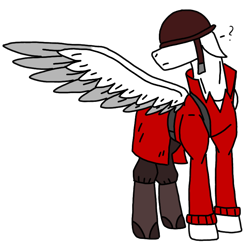 Size: 768x768 | Tagged: safe, artist:agdapl, imported from derpibooru, pegasus, pony, boots, clothes, crossover, helmet, looking back, male, one wing out, ponified, shoes, simple background, soldier, solo, species swap, stallion, team fortress 2, transparent background, wings