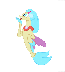 Size: 2128x2359 | Tagged: safe, artist:appleteenyjack, imported from derpibooru, princess skystar, seapony (g4), my little pony: the movie, blue eyes, blue mane, dorsal fin, female, fin wings, fins, fish tail, flower, flower in hair, high res, jewelry, looking up, necklace, open mouth, pearl necklace, smiling, solo, tail, wings