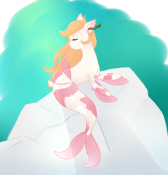 Size: 1800x1884 | Tagged: safe, artist:cookiegirl101, imported from derpibooru, oc, oc only, merpony, seapony (g4), adoptable, crepuscular rays, eyes closed, female, fins, fish tail, flowing mane, jewelry, necklace, ocean, orange mane, pearl necklace, rock, seashell, simple background, sitting, smiling, solo, sunlight, tail, underwater, water
