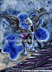 Size: 611x838 | Tagged: safe, artist:mana-kyusai, imported from derpibooru, nightmare moon, alicorn, pony, blue mane, colored pupils, ethereal mane, female, flowing mane, flowing tail, hoof shoes, horn, looking at you, night, signature, solo, spread wings, starry mane, stars, watermark, wings