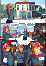 Size: 4961x7016 | Tagged: safe, artist:symptom99, imported from derpibooru, sunset shimmer, oc, oc:eternal flames, comic:a heartbreaking reunion, equestria girls, absurd resolution, canon x oc, clothes, comic, commission, dialogue, faceless male, female, happy, implied flash sentry, male, offscreen character, snow, sunseternal, winter, winter outfit