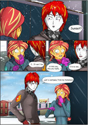 Size: 4961x7016 | Tagged: safe, artist:symptom99, imported from derpibooru, sunset shimmer, oc, oc:eternal flames, comic:a heartbreaking reunion, equestria girls, absurd resolution, blushing, canon x oc, clothes, clown, comic, commission, crying, dialogue, female, male, serious, sunseternal