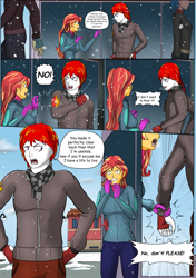 Size: 3541x5016 | Tagged: safe, artist:symptom99, imported from derpibooru, sunset shimmer, oc, oc:eternal flames, comic:a heartbreaking reunion, equestria girls, absurd resolution, angry, canon x oc, clothes, clown, comic, commission, crying, dialogue, female, jacket, male, sunseternal
