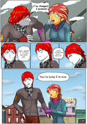 Size: 3541x5016 | Tagged: safe, artist:symptom99, imported from derpibooru, sunset shimmer, oc, oc:eternal flames, comic:a heartbreaking reunion, equestria girls, absurd resolution, canon x oc, clothes, clown, comic, commission, daaaaaaaaaaaw, dialogue, female, male, serious, sunseternal