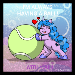 Size: 800x800 | Tagged: safe, artist:x-fang-z, imported from derpibooru, izzy moonbow, pony, unicorn, ball, bipedal, cute, eyes closed, female, g5, izzy's tennis ball, izzybetes, mare, open mouth, simple background, solo, tennis ball, text, that pony sure does love tennis balls