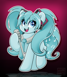 Size: 3494x4000 | Tagged: safe, artist:partylikeanartist, imported from derpibooru, kotobukiya, pony, anime, crossover, hatsune miku, kotobukiya hatsune miku pony, microphone, necktie, pigtails, ponified, ponytail, solo, twintails, vocaloid