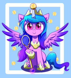 Size: 1792x1944 | Tagged: safe, artist:ce2438, imported from derpibooru, izzy moonbow, alicorn, pony, alicornified, ball, cute, female, g5, horn, hornball, izzy's tennis ball, izzybetes, izzycorn, mare, race swap, smiling, solo, tennis ball, that pony sure does love tennis balls