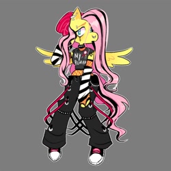 Size: 1500x1500 | Tagged: safe, artist:stevetwisp, imported from derpibooru, fluttershy, anthro, pegasus, arm warmers, beanie, choker, clothes, converse, ear piercing, earring, emoshy, fingerless gloves, fishnets, gloves, gray background, hat, jewelry, my chemical romance, pants, piercing, pins, septum, shoes, simple background, sneakers, spiked choker, wings