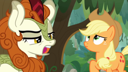 Size: 1280x720 | Tagged: safe, imported from derpibooru, screencap, applejack, autumn blaze, earth pony, kirin, pony, sounds of silence, duo, duo female, female, mare