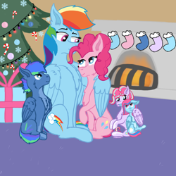 Size: 768x768 | Tagged: safe, artist:credencethedemon, imported from derpibooru, pinkie pie, rainbow dash, oc, earth pony, pegasus, pony, christmas, female, hearth's warming, holiday, lesbian, magical lesbian spawn, mare, offspring, parent:pinkie pie, parent:rainbow dash, parents:pinkiedash, pinkiedash, shipping