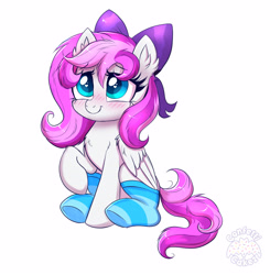 Size: 3682x3758 | Tagged: safe, artist:confetticakez, imported from derpibooru, oc, oc only, pegasus, pony, blushing, bow, chest fluff, clothes, female, hair bow, high res, mare, pegasus oc, smiling, socks, solo, wings