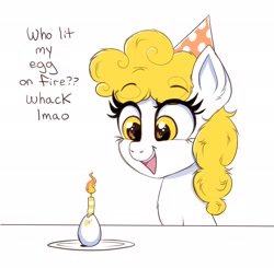 Size: 3000x2938 | Tagged: safe, artist:confetticakez, imported from derpibooru, oc, oc only, oc:scrambles, pony, birthday, candle, dialogue, egg, female, happy, hat, high res, mare, party hat, smiling, solo