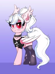 Size: 3000x4000 | Tagged: safe, artist:confetticakez, imported from derpibooru, oc, oc only, oc:cream puff, bat pony, pony, bat pony oc, bat wings, blushing, choker, clothes, ear piercing, earring, high res, jewelry, looking at you, piercing, punk, shirt, smiling, socks, solo, spiked choker, stockings, thigh highs, torn clothes, wings