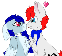 Size: 600x535 | Tagged: safe, artist:sajimex, imported from derpibooru, oc, oc only, oc:apex soundwave, oc:hajime, earth pony, pegasus, pony, :p, boop, chest fluff, clothes, collar, duo, earth pony oc, female, fluffy, glasses, heart, looking at each other, male, mare, oc x oc, pegasus oc, reference used, scarf, scrunchy face, shipping, simple background, smiling, stallion, straight, tongue out, transparent background