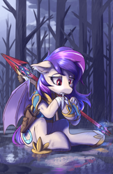 Size: 2200x3400 | Tagged: safe, artist:ravistdash, imported from derpibooru, oc, oc only, oc:sunset cloudy, bat pony, pony, armor, arrow, bandage, bat pony oc, bat wings, bow, commission, female, forest, guardsmare, high res, injured, mare, night, rain, royal guard, sad, sitting, solo, spear, underhoof, water, weapon, wings