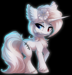 Size: 871x900 | Tagged: safe, artist:lucid-guardian, imported from derpibooru, oc, oc:lunar eclipse, unicorn, flower, heterochromia, needle, white fur