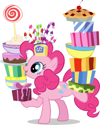 Size: 2280x2849 | Tagged: safe, imported from derpibooru, earth pony, pony, adventures in ponyville, balancing, bowl, box, cake, candy, candy cane, cherry pie (food), food, frosting, high res, lemon, lollipop, official, pie, present, solo, sweets