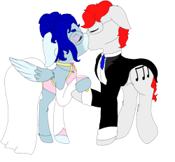 Size: 1300x1200 | Tagged: safe, artist:sajimex, imported from derpibooru, oc, oc only, oc:apex soundwave, oc:hajime, earth pony, pegasus, pony, base used, clothes, dress, duo, earth pony oc, eyes closed, female, husband and wife, kissing, male, mare, marriage, married couple, oc x oc, pegasus oc, raised hoof, reference used, romantic, shipping, simple background, stallion, straight, suit, transparent background, tuxedo, wedding, wedding dress