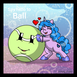 Size: 800x800 | Tagged: safe, alternate version, artist:x-fang-z, imported from derpibooru, izzy moonbow, pony, unicorn, ball, bipedal, cute, eyes closed, female, floating heart, g5, heart, hug, izzy's tennis ball, izzybetes, living object, mare, open mouth, open smile, simple background, smiling, tennis ball, text, that pony sure does love tennis balls