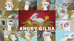 Size: 1280x721 | Tagged: safe, edit, edited screencap, editor:quoterific, imported from derpibooru, screencap, gilda, pinkie pie, rainbow dash, pegasus, pony, griffon the brush off, season 1, season 5, the lost treasure of griffonstone, angry, yelling