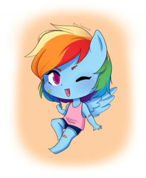 Size: 1296x1579 | Tagged: safe, artist:misssqueorge, imported from derpibooru, rainbow dash, anthro, plantigrade anthro, bandaid, blue fur, chibi, clothes, colored pupils, cute, dashabetes, female, flying, gym shorts, multicolored mane, one eye closed, open mouth, pink eyes, shorts, solo, tanktop, tomboy, watermark, wink