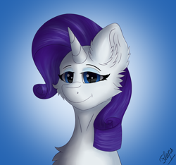 Size: 3184x2976 | Tagged: safe, artist:flapstune, imported from derpibooru, rarity, pony, unicorn, blue background, bust, cheek fluff, chest fluff, ear fluff, female, fluffy, green background, high res, horn, looking at you, mare, signature, simple background, smiling, solo