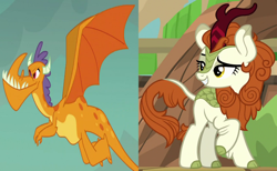 Size: 1300x800 | Tagged: safe, edit, edited screencap, imported from derpibooru, screencap, autumn blaze, billy (dragon), dragon, kirin, gauntlet of fire, sounds of silence, background dragon, billy, billyblaze, crack shipping, cropped, female, flying, interspecies, male, shipping, shipping domino, smiling, straight, teenaged dragon