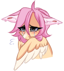 Size: 1290x1436 | Tagged: safe, artist:pesty_skillengton, imported from derpibooru, oc, oc only, pegasus, pony, bust, coat markings, crying, cute, facial markings, female, floppy ears, not fluttershy, simple background, snip (coat marking), solo, two toned wings, white background, wings