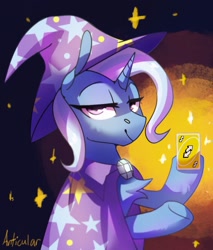 Size: 1229x1440 | Tagged: safe, artist:anticular, imported from derpibooru, trixie, pony, unicorn, cape, card, chest fluff, clothes, female, hat, lidded eyes, looking at you, mare, meme, no u, playing card, reaction image, solo, trixie's cape, trixie's hat, underhoof, uno, uno reverse card