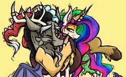 Size: 1080x659 | Tagged: safe, artist:alzmariowolfe, imported from derpibooru, discord, princess celestia, antlers, celestia is amused, cuddling, dislestia, female, jewelry, male, multicolored hair, rainbow hair, ring, shipping, simple background, straight, tongue out, yellow background