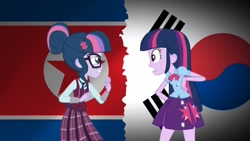Size: 1024x576 | Tagged: safe, artist:thatradhedgehog, imported from derpibooru, sci-twi, twilight sparkle, human, equestria girls, friendship games, duo, duo female, female, glasses, grin, nervous, nervous grin, new and improved sci-twi, north korea, open mouth, self paradox, shocked, smiling, south korea, teeth, twolight