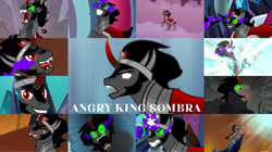 Size: 1280x719 | Tagged: safe, edit, edited screencap, editor:quoterific, imported from derpibooru, screencap, king sombra, pony, unicorn, season 3, season 5, season 9, the beginning of the end, the crystal empire, the cutie re-mark, spoiler:s09, angry, antagonist, blast, defeated, evil, evil grin, grin, magic, magic beam, magic blast, male, smiling, solo, stallion