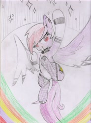 Size: 3439x4651 | Tagged: safe, artist:foxtrot3, imported from derpibooru, oc, oc:light beam, pegasus, pony, choker, clothes, cutie mark, fishnets, flashes, flying, grin, lights, lightshow, pearl, piercing, red eyes, smiling, socks, solo, stage, striped socks