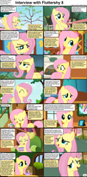 Size: 1282x2590 | Tagged: safe, edit, edited screencap, imported from derpibooru, screencap, fluttershy, bird, pegasus, pony, comic:celestia's servant interview, friendship is magic, putting your hoof down, :o, caption, comic, cs captions, cup, cute, eyes closed, female, fluttershy's cottage, happy, interview, looking at you, mare, open mouth, screencap comic, shyabetes, solo, teacup, text