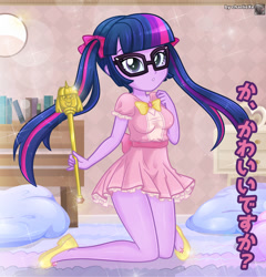 Size: 1011x1055 | Tagged: safe, alternate version, artist:charliexe, imported from derpibooru, sci-twi, twilight sparkle, equestria girls, adorasexy, breasts, cute, female, japanese, kneeling, looking at you, scepter, sexy, solo, twilight scepter