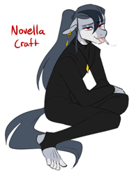 Size: 508x660 | Tagged: safe, artist:redxbacon, imported from derpibooru, oc, oc only, oc:novella craft, anthro, earth pony, plantigrade anthro, anthro oc, cigarette, ear piercing, earring, feet, jewelry, lidded eyes, necklace, piercing, ponytail, simple background, solo, stirrup leggings, stirrups, white background