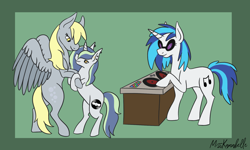 Size: 1780x1065 | Tagged: safe, artist:misskanabelle, imported from derpibooru, derpy hooves, dj pon-3, vinyl scratch, oc, pegasus, pony, unicorn, abstract background, bipedal, dancing, female, horn, mare, raised hoof, signature, sunglasses, turntable, unicorn oc, wings