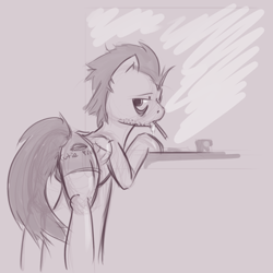 Size: 1200x1200 | Tagged: safe, artist:dovne, imported from derpibooru, soarin', pegasus, pony, bags under eyes, bathroom, bipedal, bipedal leaning, clothes, leaning, looking back, male, mirror, monochrome, requested art, shorts, sink, sleepy, stallion, stubble, toothbrush