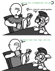 Size: 948x1228 | Tagged: safe, artist:anonymous, imported from ponybooru, oc, oc only, oc:anon, changeling, 2 panel comic, armor, comic, dialogue, disguise, disguised changeling, female, guardsmare, mare, meme arrow, monochrome, newspaper, royal guard, royal guard armor, six legs, table
